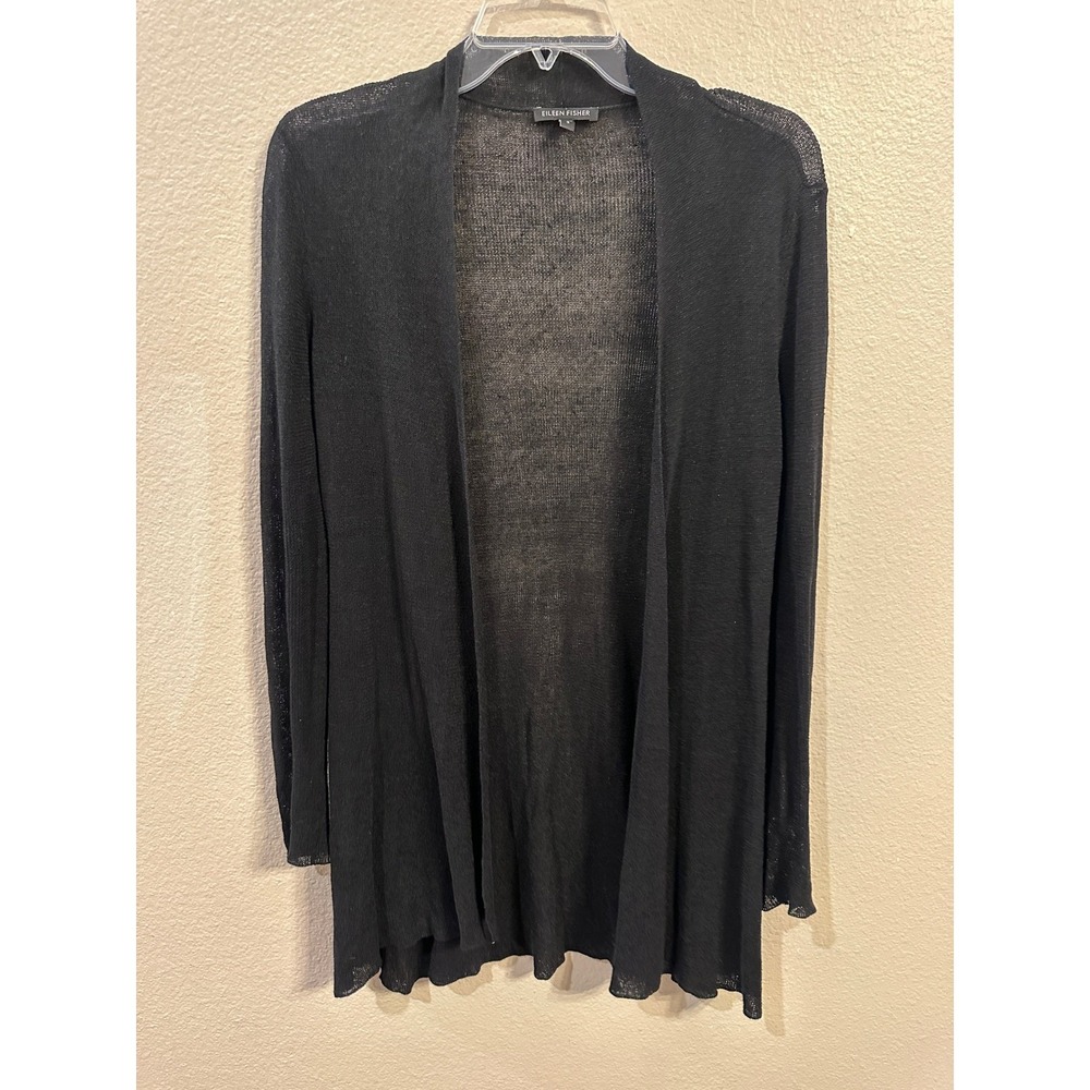 Eileen Fisher Black Linen Blend Open Front Cardigan Sweater Size S